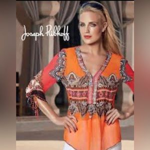 Joseph Ribkoff Sheer Flowy Embellished Tunic Top Sz 12 orange multi - A